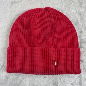 Athleta Red Rib Knit Beanie Cuffed Logo Winter Hat One Size